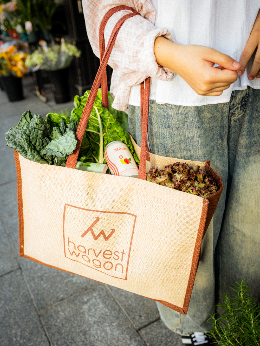 A Harvest Wagon tote with Mōck and fresh greens